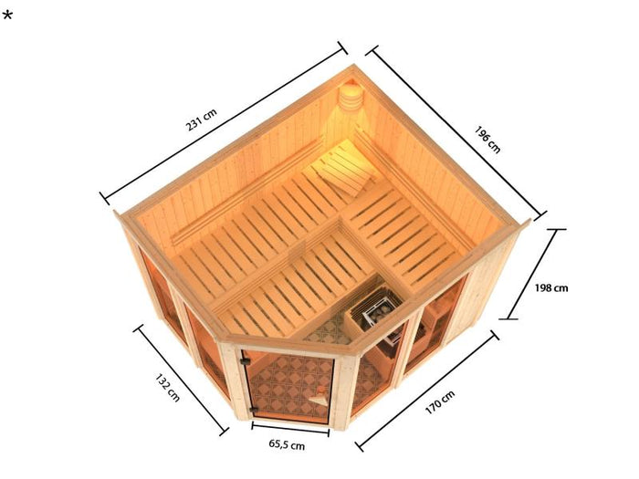 Karibu Sauna Ainur mit 9kW Ofen integr. Strg  68 mm
