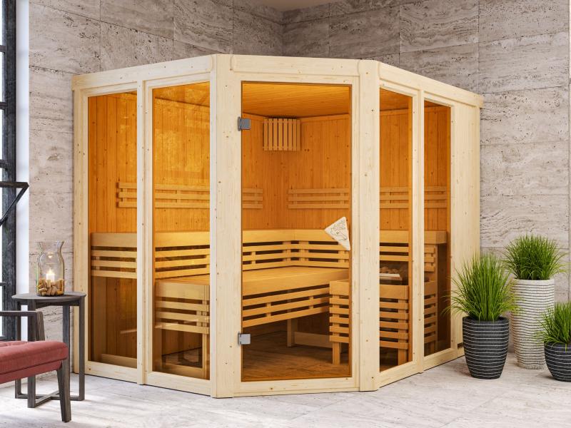 Karibu Sauna Ainur mit 9kW Ofen integr. Strg  68 mm