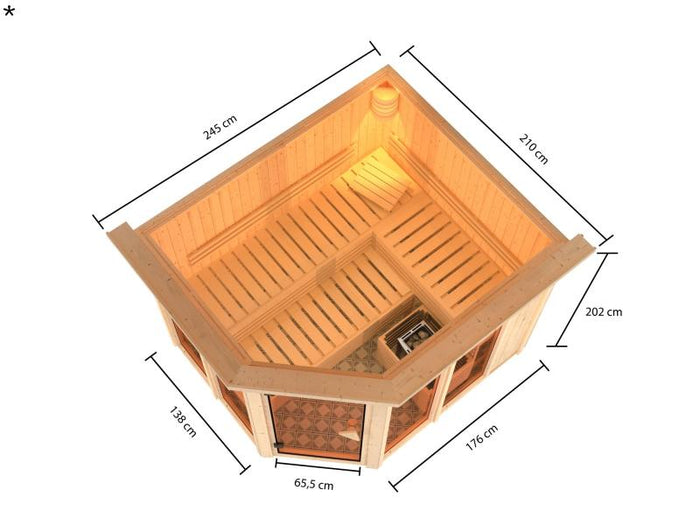 Karibu Sauna Ainur mit Dachkranz ohne Ofen 68 mm