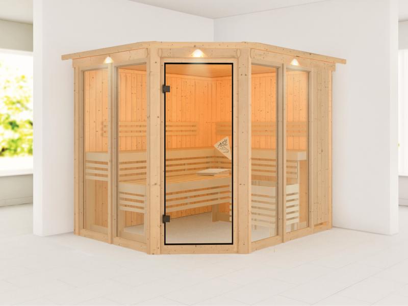 Karibu Sauna Ainur mit Dachkranz ohne Ofen 68 mm