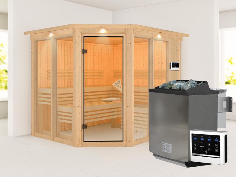 Karibu Sauna Ainur mit Dachkranz und 9 kW Bioofen Ext. Strg 68 mm