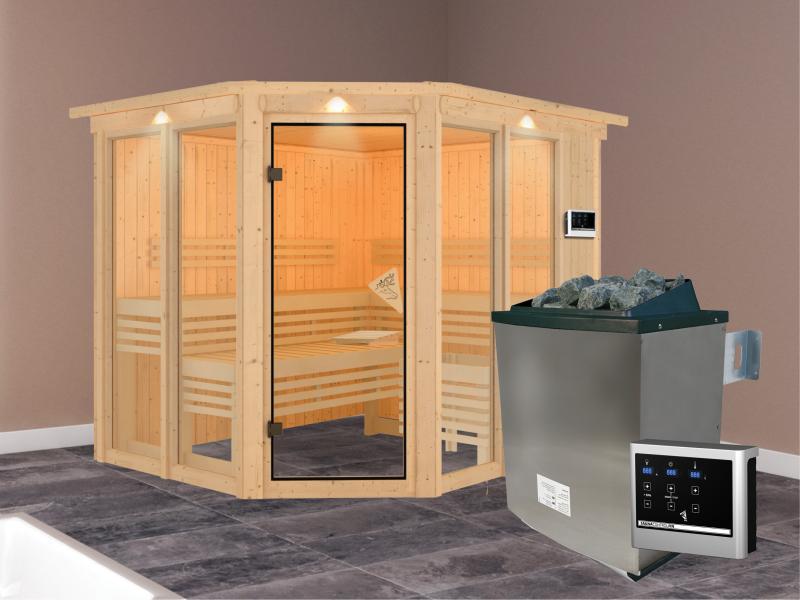 Karibu Sauna Ainur mit Dachkranz und 9 kW Ofen Ext. Strg 68 mm