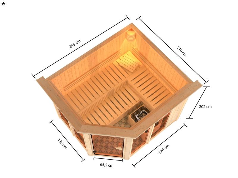 Karibu Sauna Ainur mit Dachkranz und 9 kW Ofen Ext. Strg 68 mm