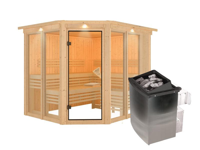 Karibu Sauna Ainur mit Dachkranz und 9 kW Ofen Integr. Strg 68 mm