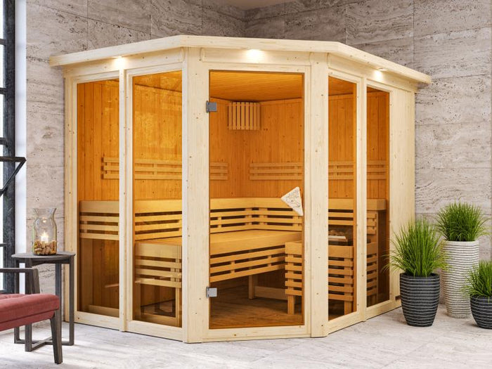 Karibu Sauna Ainur mit Dachkranz und 9 kW Ofen Integr. Strg 68 mm