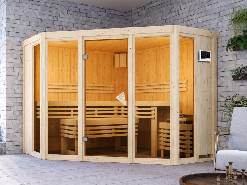 Karibu Sauna Alcinda mit 9 kW Bioofen Ext. Strg  68 mm