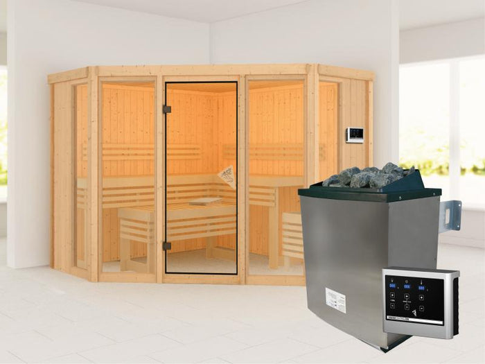 Karibu Sauna Alcinda mit 9 kW Ofen Ext. Strg  68 mm