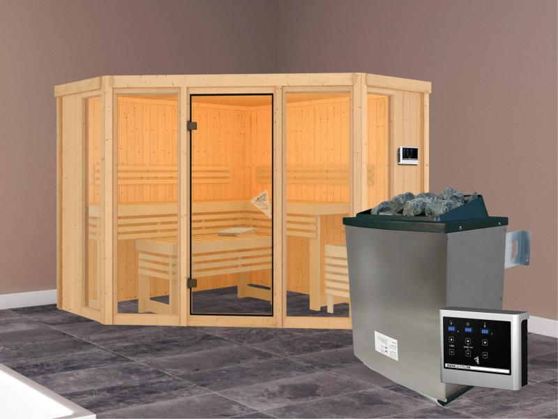 Karibu Sauna Alcinda mit 9 kW Ofen Ext. Strg  68 mm