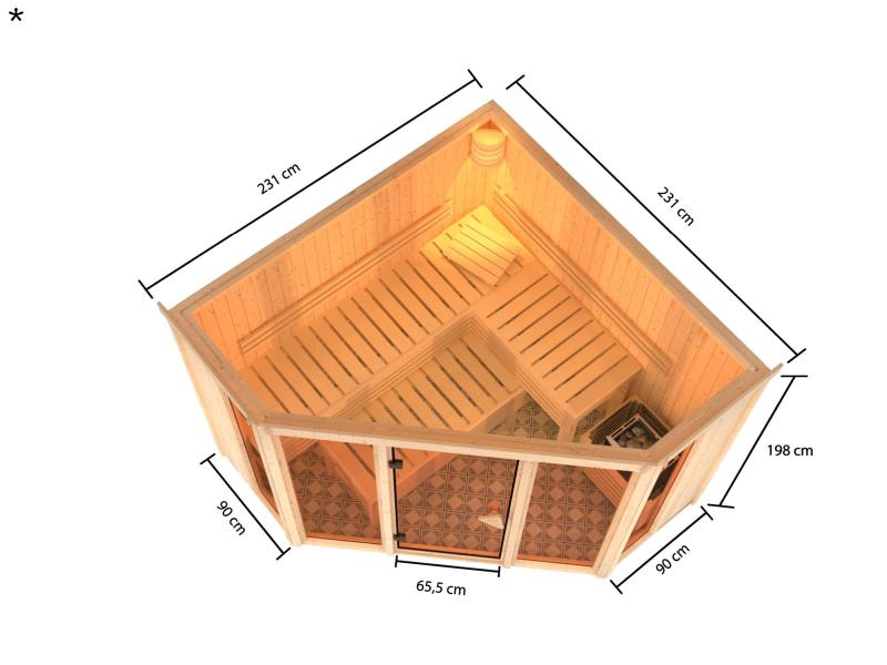 Karibu Sauna Alcinda mit 9 kW Ofen Ext. Strg  68 mm