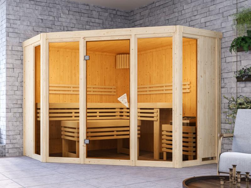 Karibu Sauna Alcinda mit 9 kW Ofen Integr. Strg  68 mm