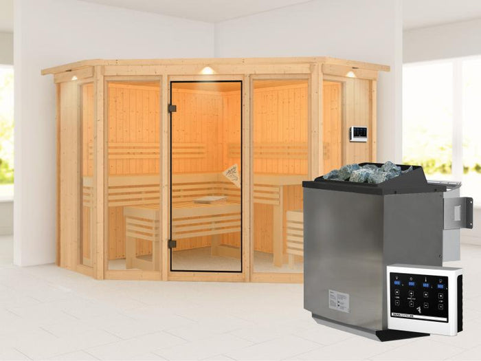 Karibu Sauna Alcinda mit Dachkranz- 9 kW Bioofen Ext. Strg 68 mm