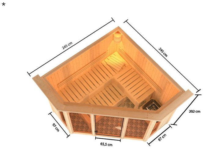 Karibu Sauna Alcinda mit Dachkranz- 9 kW Ofen Integr. Strg 68 mm