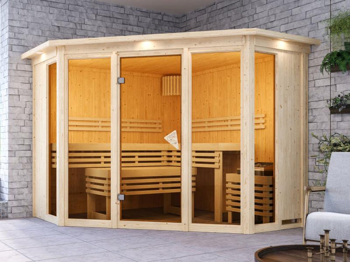 Karibu Sauna Alcinda mit Dachkranz- 9 kW Ofen Integr. Strg 68 mm