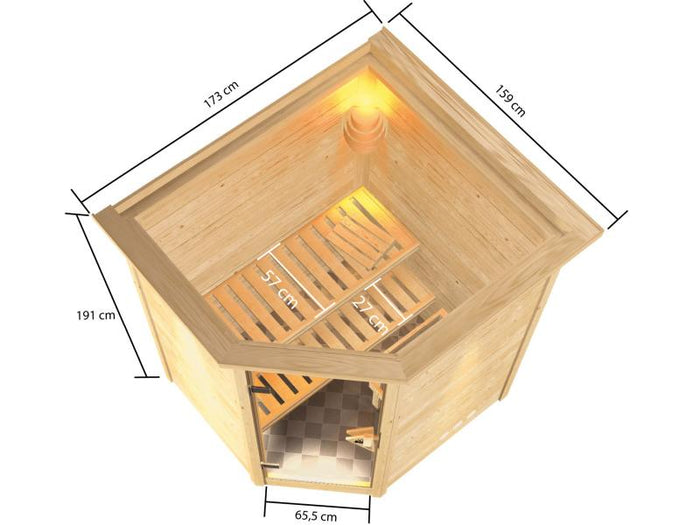 Karibu Sauna Antonia inkl. 9 kW Bioofen ext. Steuerung mit klassischer Saunatür -mit Dachkranz-