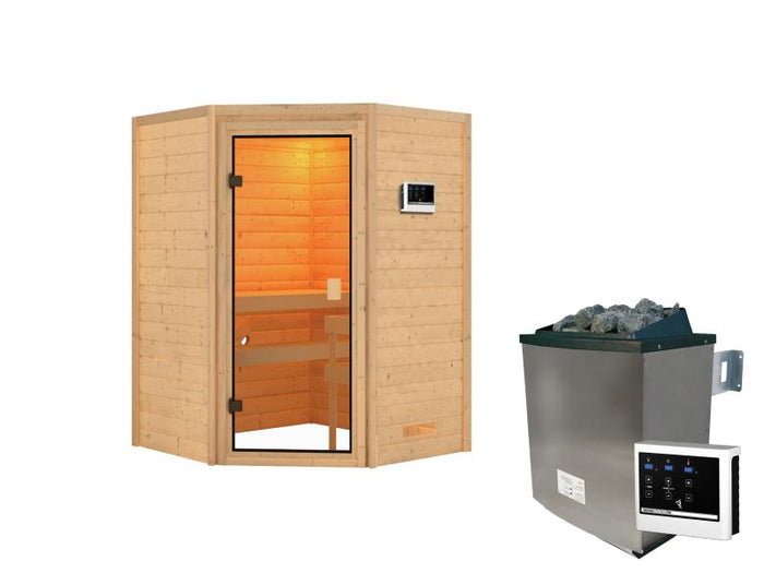 Karibu Sauna Antonia inkl. 9 kW Ofen ext. Steuerung mit klassischer Saunatür -ohne Dachkranz-