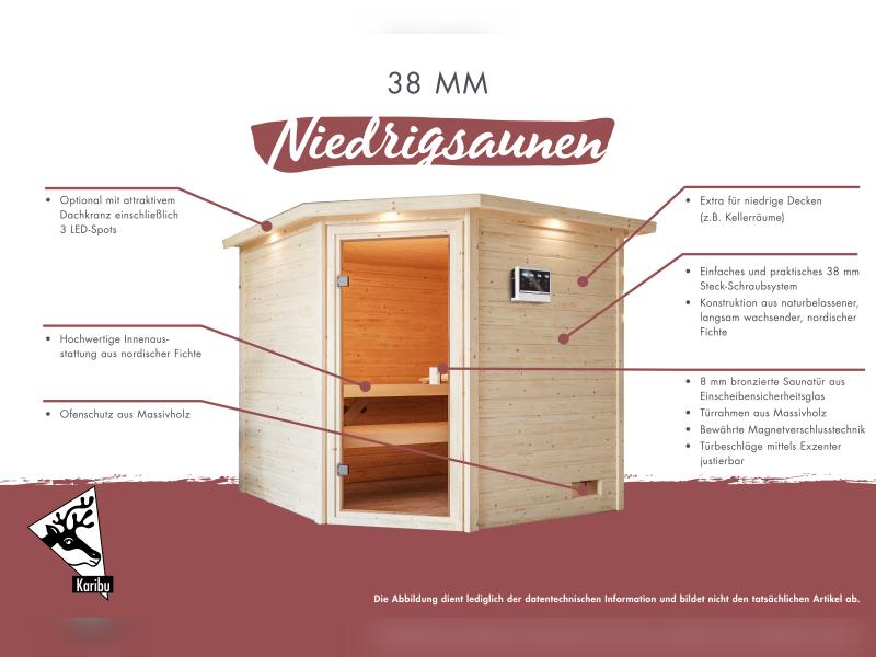Karibu Sauna Antonia inkl. 9 kW Ofen ext. Steuerung mit klassischer Saunatür -ohne Dachkranz-