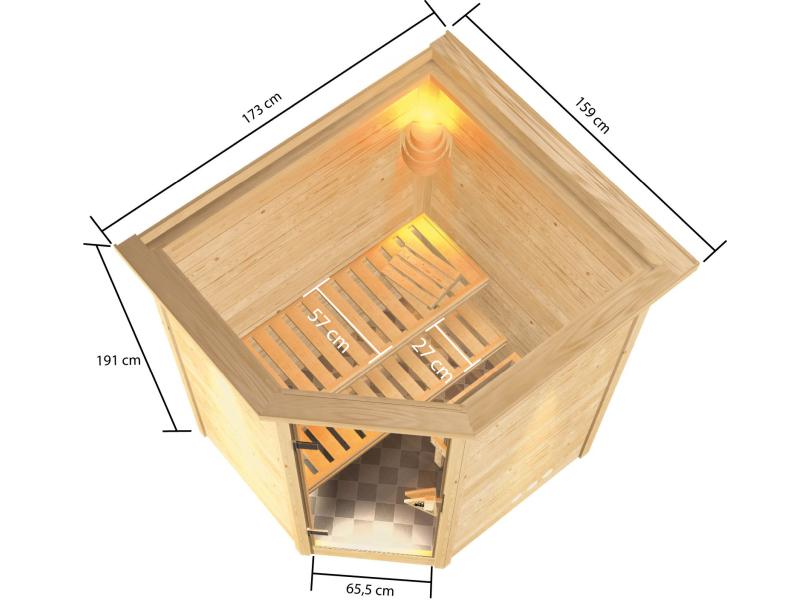 Karibu Sauna Antonia inkl. 9 kW Ofen ext. Steuerung mit klassischer Saunatür -mit Dachkranz-