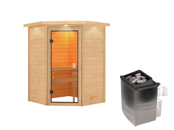 Karibu Sauna Antonia inkl. 9 kW Ofen integr. Steuerung mit klassischer Saunatür -mit Dachkranz-