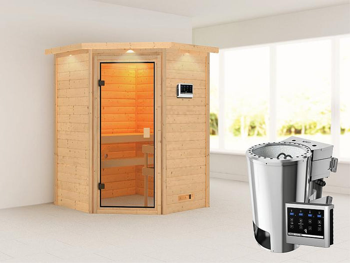 Karibu Sauna Antonia mit 3,6 kW Bioofen ext. Strg und Dachkranz 38 mm