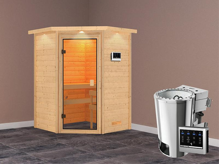 Karibu Sauna Antonia mit 3,6 kW Bioofen ext. Strg und Dachkranz 38 mm