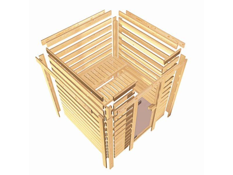 Karibu Sauna Antonia mit 3,6 kW Ofen ext. Strg und Dachkranz 38 mm