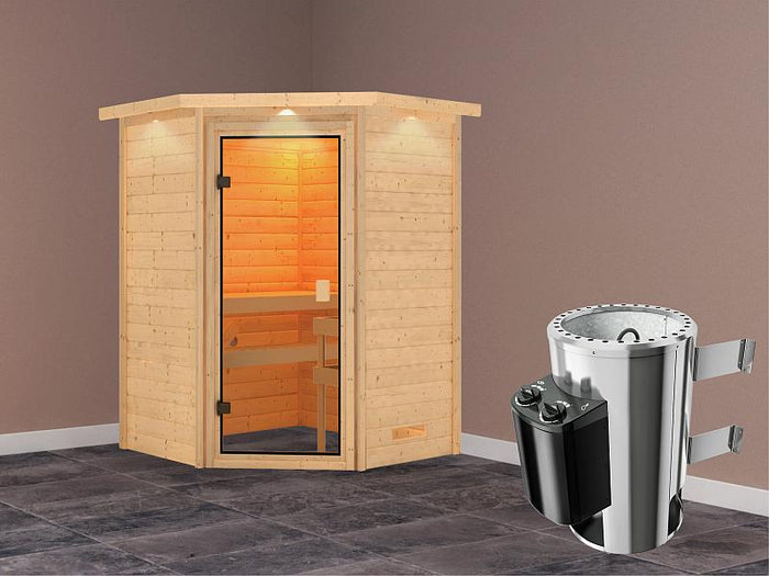 Karibu Sauna Antonia mit 3,6 kW Ofen integr. Strg und Dachkranz 38 mm