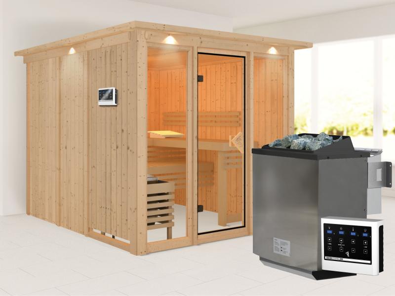 Karibu Sauna Askja 68 mm- 9 kW Bioofen ext.Strg- mit Dachkranz