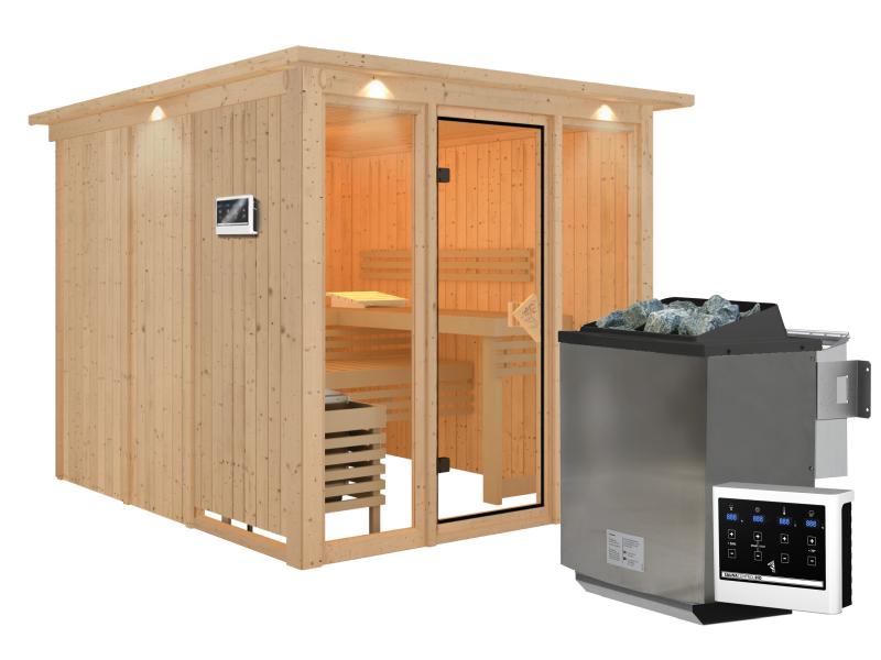 Karibu Sauna Askja 68 mm- 9 kW Bioofen ext.Strg- mit Dachkranz