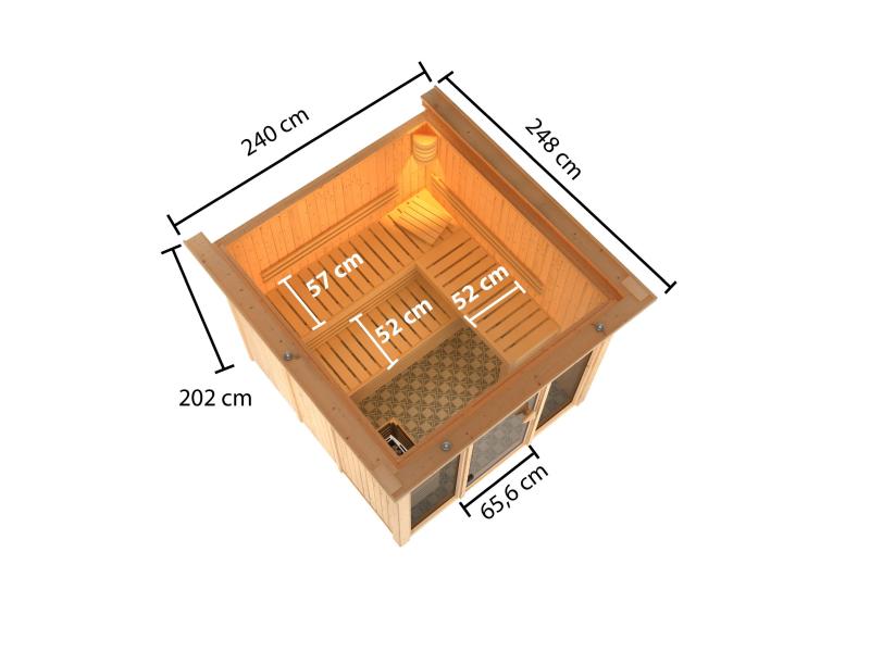 Karibu Sauna Askja 68 mm- 9 kW Ofen integr.Strg- mit Dachkranz