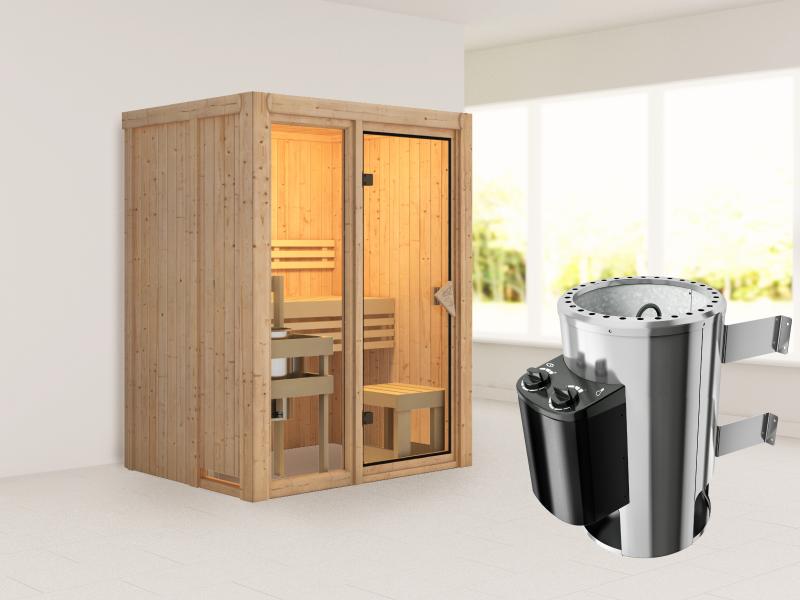 Karibu Sauna Avari 1 inkl. 3,6 kW Ofen intgr. Steuerung - ohne Dachkranz