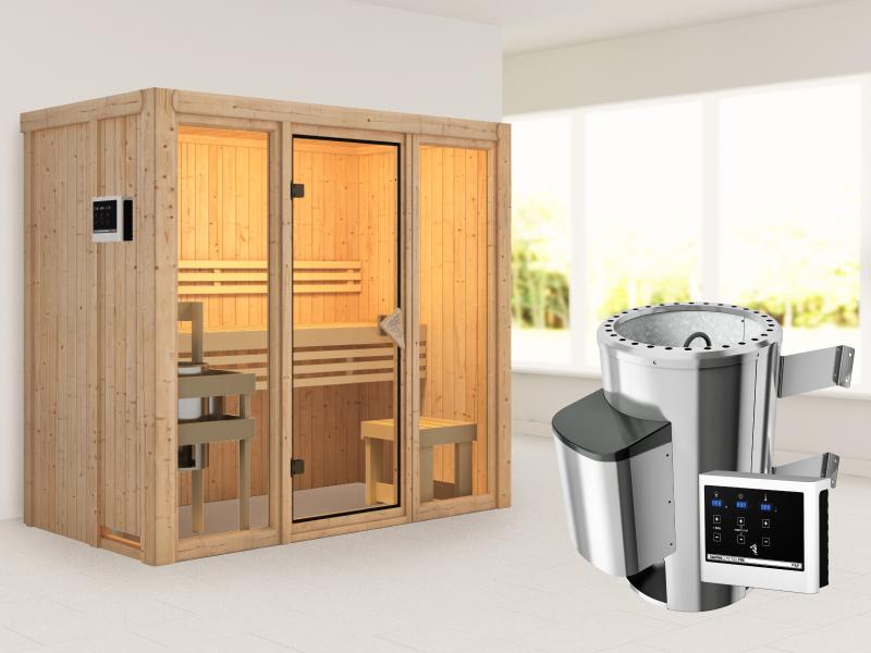 Karibu Sauna Avari 2 inkl. 3,6 kW Ofen ext. Steuerung - ohne Dachkranz