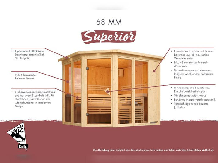 Karibu Sauna Avari 2 inkl. 3,6 kW Ofen ext. Steuerung - ohne Dachkranz