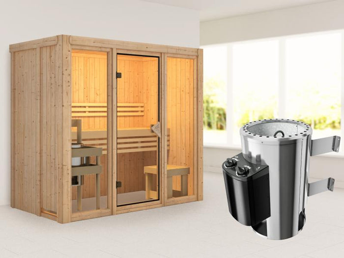 Karibu Sauna Avari 2 inkl. 3,6 kW Ofen intgr. Steuerung - ohne Dachkranz