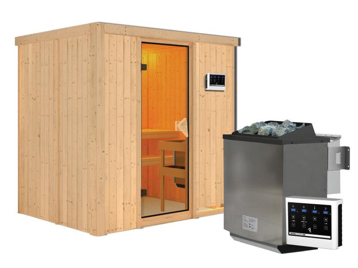 Karibu Sauna Bodin inkl. 9 kW Bioofen ext. Steuerung, mit bronzierter Saunatür - ohne Dachkranz -