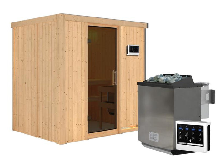 Karibu Sauna Bodin inkl. 9 kW Bioofen ext. Steuerung, mit moderner Saunatür -ohne Dachkranz-