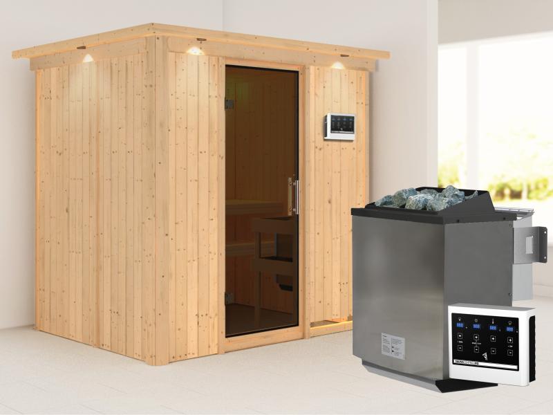 Karibu Sauna Bodin inkl. 9 kW Bioofen ext. Steuerung, moderner Saunatür -mit Dachkranz-