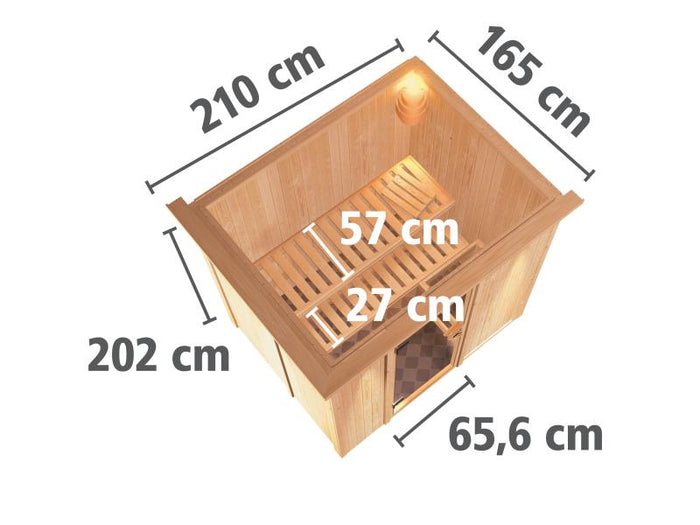Karibu Sauna Bodin inkl. 9 kW Bioofen ext. Steuerung, moderner Saunatür -mit Dachkranz-