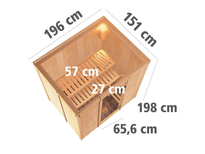 Karibu Sauna Bodin inkl. 9 kW Bioofen ext. Steuerung, mit Klarglas Ganzglastür -ohne Dachkranz-