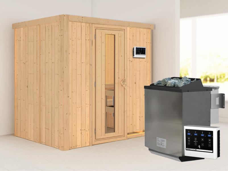 Karibu Sauna Bodin inkl. 9 kW Bioofen externer Steuerung, mit energiesparender Saunatür - ohne Dachk