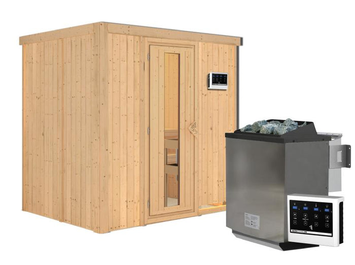 Karibu Sauna Bodin inkl. 9 kW Bioofen externer Steuerung, mit energiesparender Saunatür - ohne Dachk