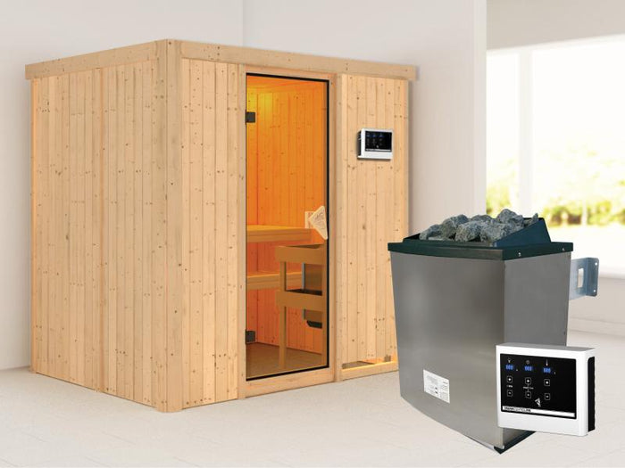 Karibu Sauna Bodin inkl. 9 kW Ofen + externer Steuerung - ohne Dachkranz -mit Energiespartür