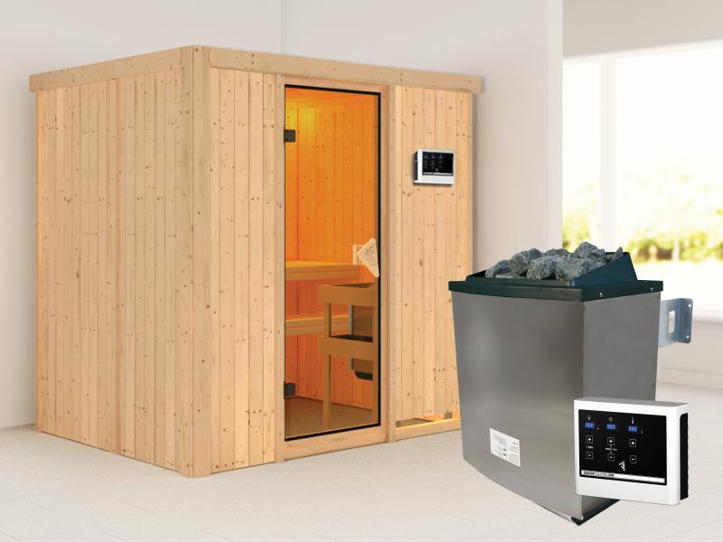 Karibu Sauna Bodin inkl. 9 kW Ofen + externer Steuerung - ohne Dachkranz -mit Energiespartür