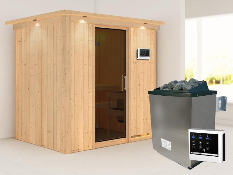 Karibu Sauna Bodin inkl. 9 kW Ofen ext. Steuerung mit moderner Saunatür  -mit Dachkranz-