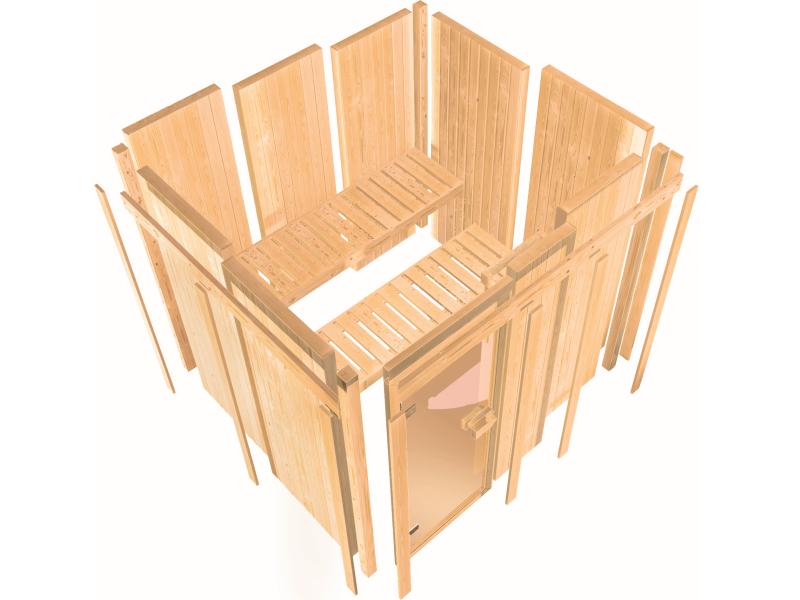 Karibu Sauna Bodin inkl. 9 kW Ofen ext. Steuerung mit moderner Saunatür  -mit Dachkranz-