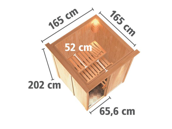 Karibu Sauna Bodin inkl. 9 kW Ofen ext. Steuerung mit moderner Saunatür  -mit Dachkranz-