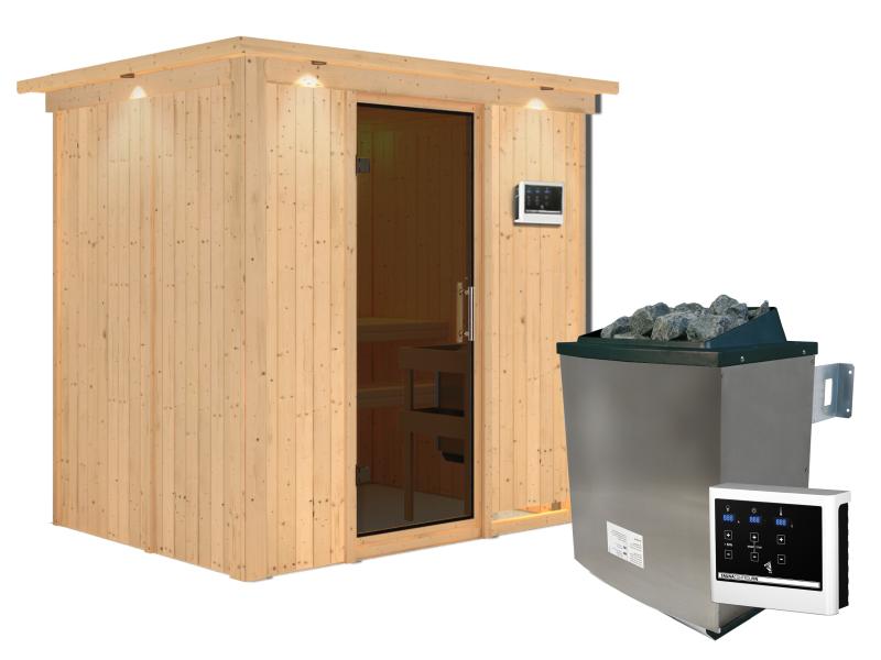 Karibu Sauna Bodin inkl. 9 kW Ofen ext. Steuerung mit moderner Saunatür  -mit Dachkranz-