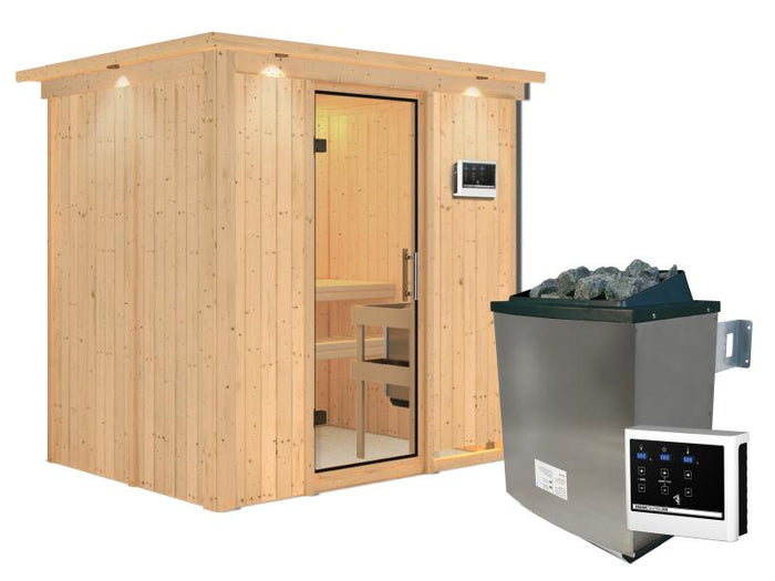 Karibu Sauna Bodin inkl. 9 kW Ofen ext. Steuerung mit Klarglas Ganzglastür -mit Dachkranz-