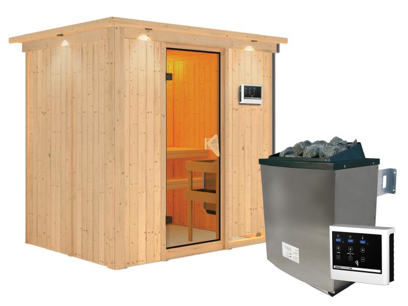 Karibu Sauna Bodin inkl. 9 kW Ofen ext. Steuerung, mit bronzierter Saunatür -mit Dachkranz-