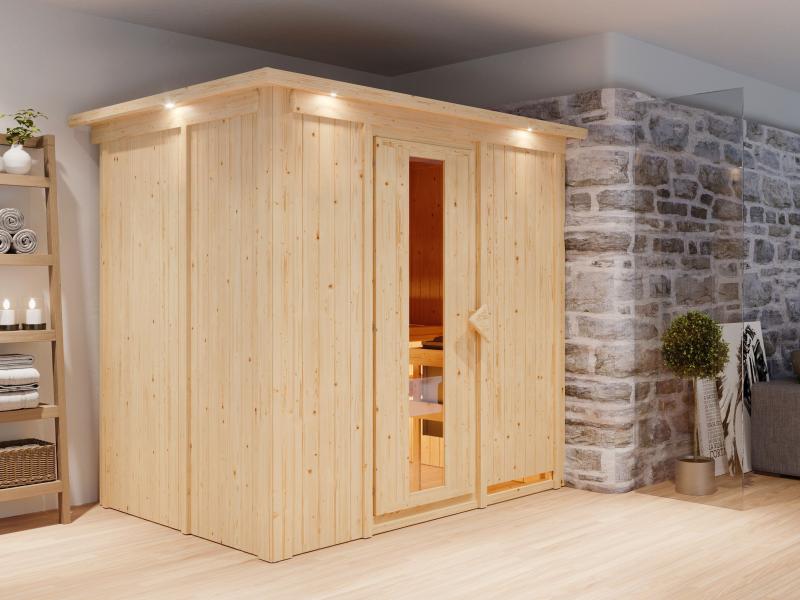 Karibu Sauna Bodin inkl. 9 kW Ofen ext. Steuerung, mit energiesparender Saunatür -mit Dachkranz-