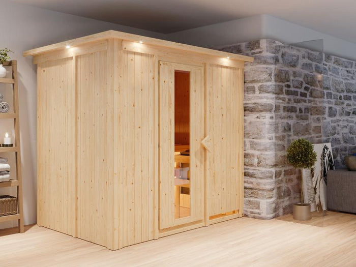 Karibu Sauna Bodin inkl. 9 kW Ofen integr. Steuerung, mit energiesparender Saunatür -mit Dachkranz-